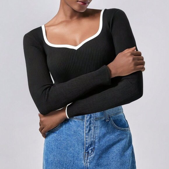 Black And White Casual Women's Contrast Binding Sweetheart Neck Sweater - Picture 6 of 6